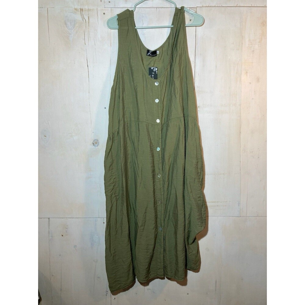 NWT Fenini Green Dress Mother of Pearl Buttons Open  Bottom Ties Lagenlook XL